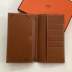 Authentic Hermès Bifold Long Wallet + Agenda Holder w/ COA in Gold (Camel Brown)
